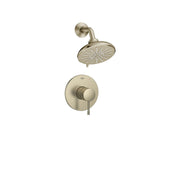 Brushed nickel shower valve with round trim plate, lever handle, and overhead rainfall showerhead with spray holes.