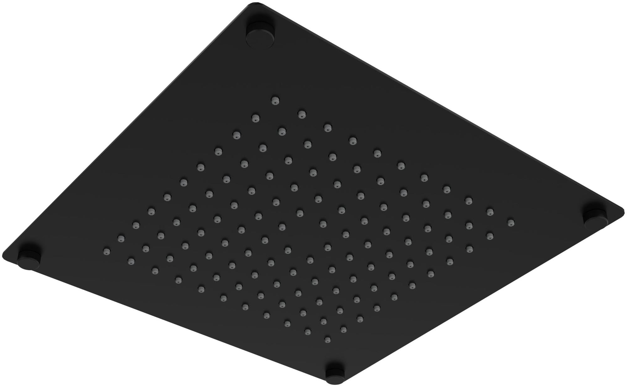 Square black rain showerhead with multiple water jets across the face and mounting holes at corners.