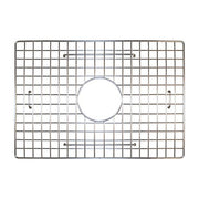 Stainless steel sink grid with square openings and center circular drain hole, featuring mounting brackets.