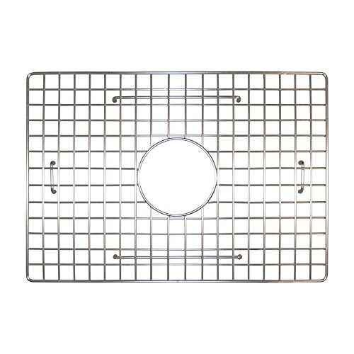 Stainless steel sink grid with square openings and center circular drain hole, featuring mounting brackets.