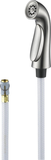 Stainless steel spray assembly with curved handle, perforated showerhead, and white hose with brass connector.