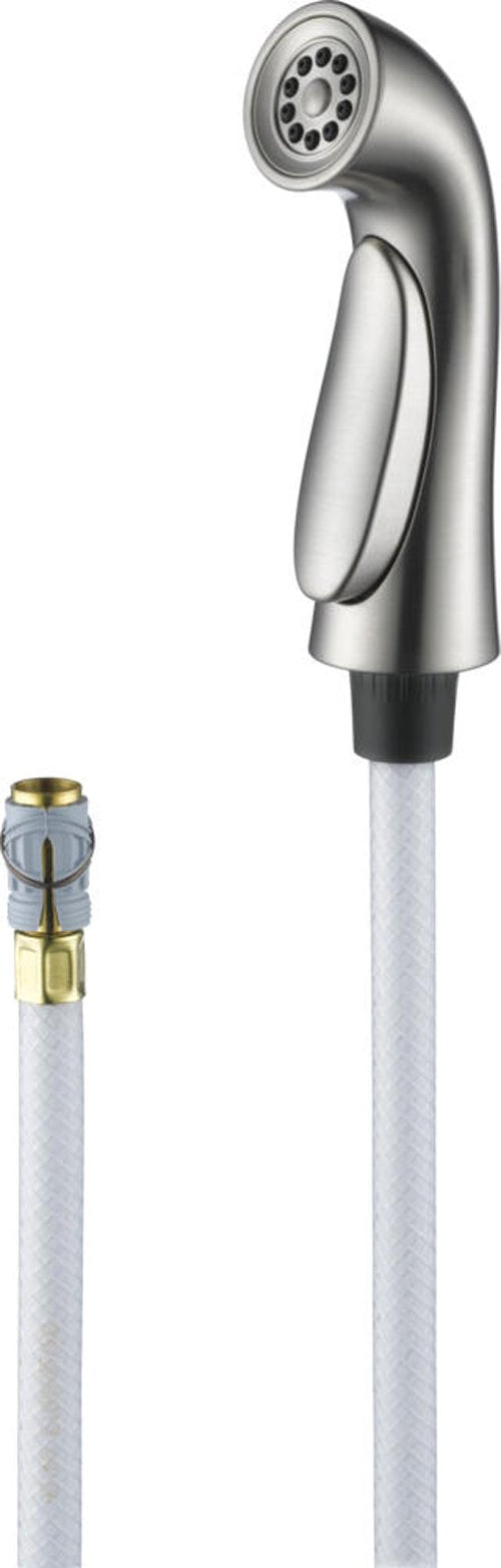 Stainless steel spray assembly with curved handle, perforated showerhead, and white hose with brass connector.