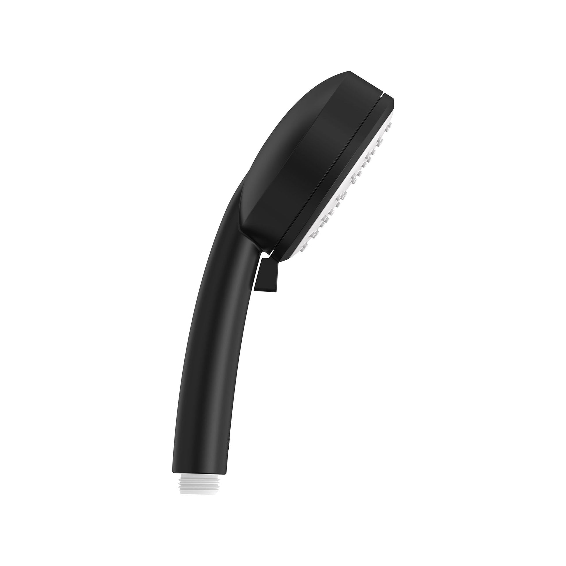 Matte black hand shower with curved handle and rectangular spray head with perforated nozzles.