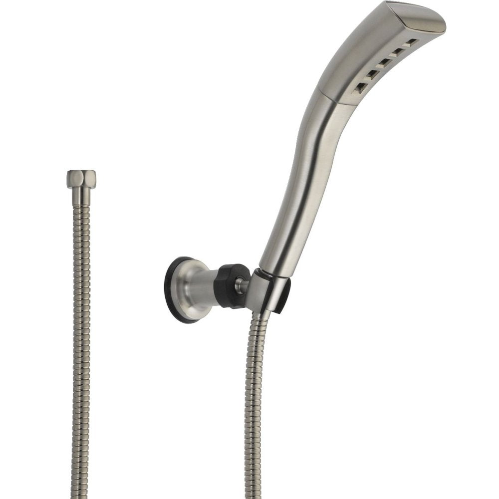 Brushed nickel hand shower head with curved design, wall mount bracket, and flexible hose connection.