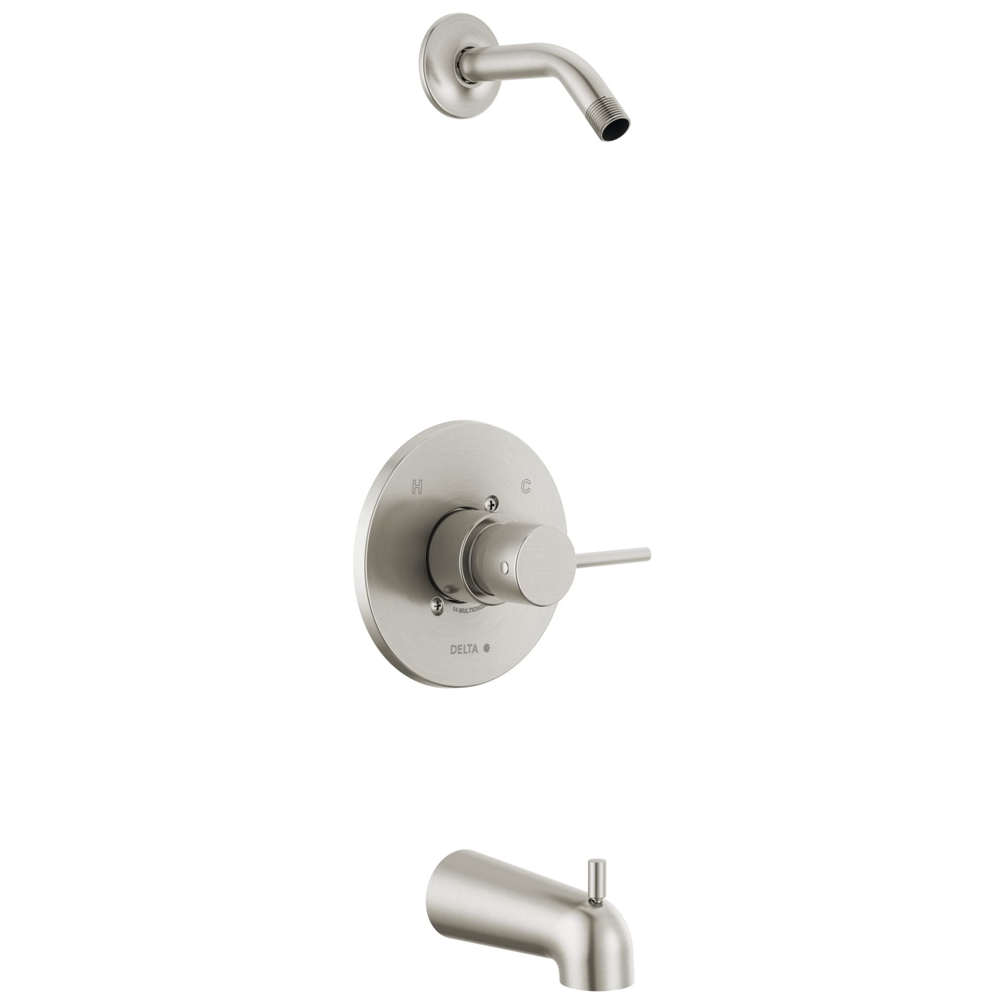 Brushed nickel tub and shower trim with single-lever valve control, curved spout, and angled tub spout outlet.