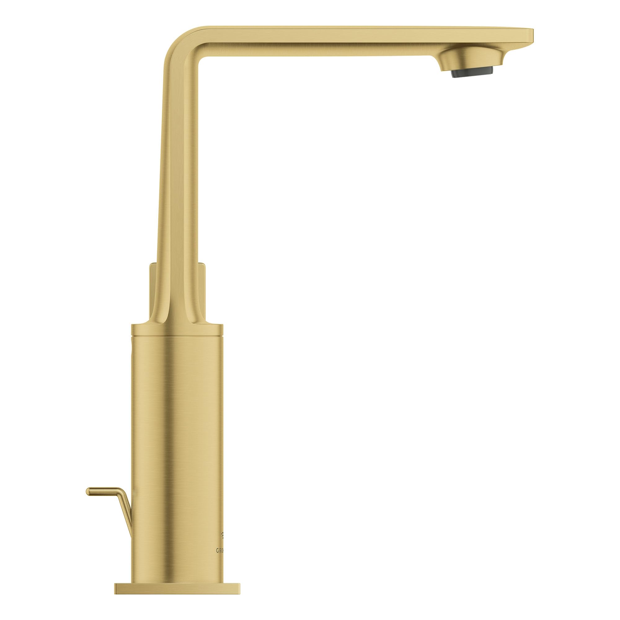Grohe Allure brushed gold single-hole bathroom faucet with tall angular spout and single lever handle.