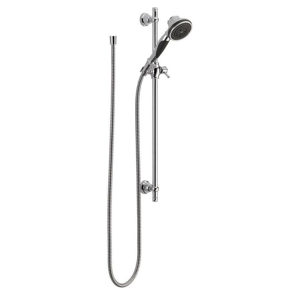 Chrome hand shower with adjustable slide bar, flexible hose, and wall-mounted bracket with control handle.