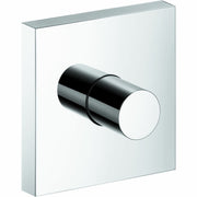Chrome shower volume control trim with cylindrical knob mounted on square white escutcheon plate.