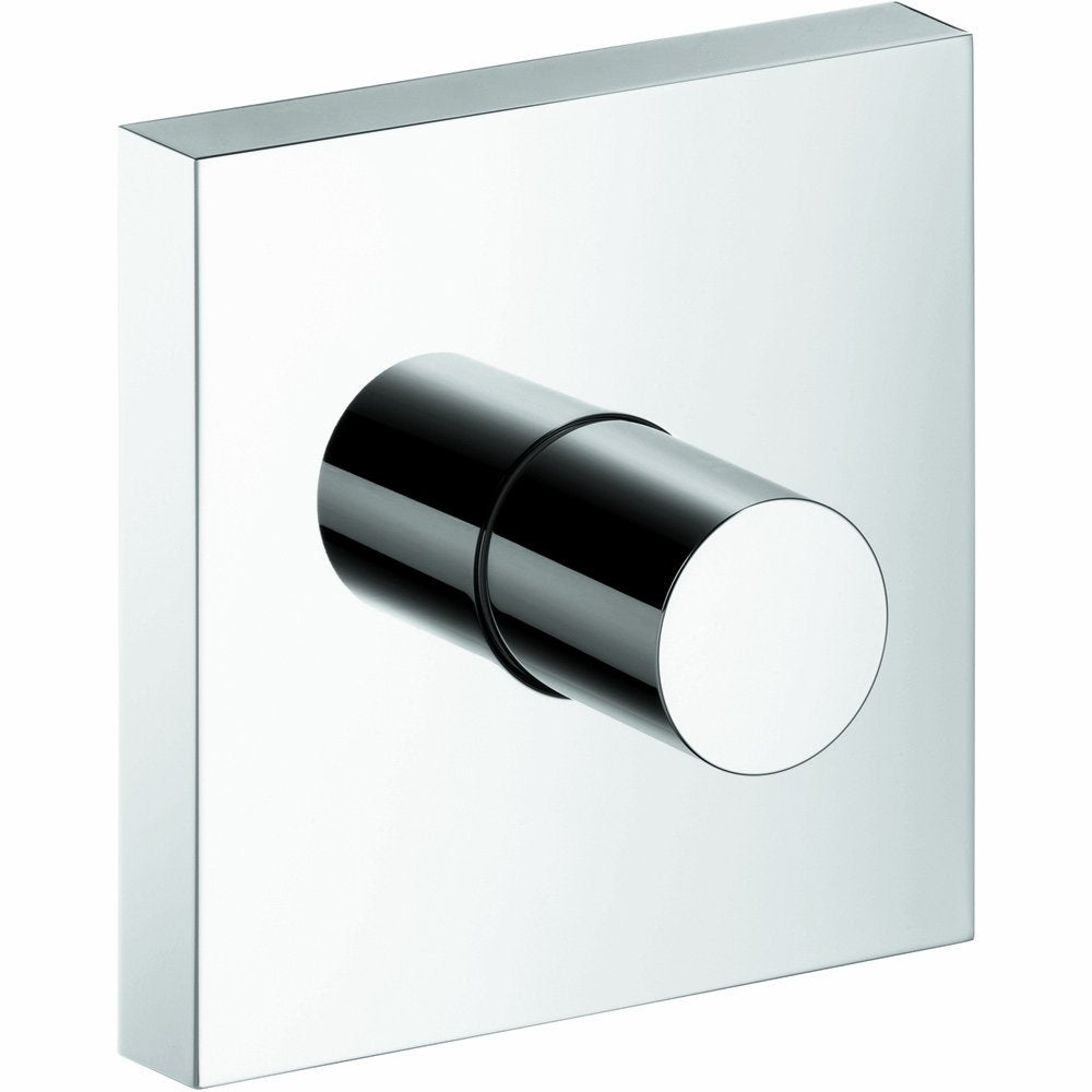 Chrome shower volume control trim with cylindrical knob mounted on square white escutcheon plate.