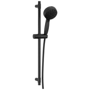 Matte black shower slide bar with round hand shower head and hose connection.