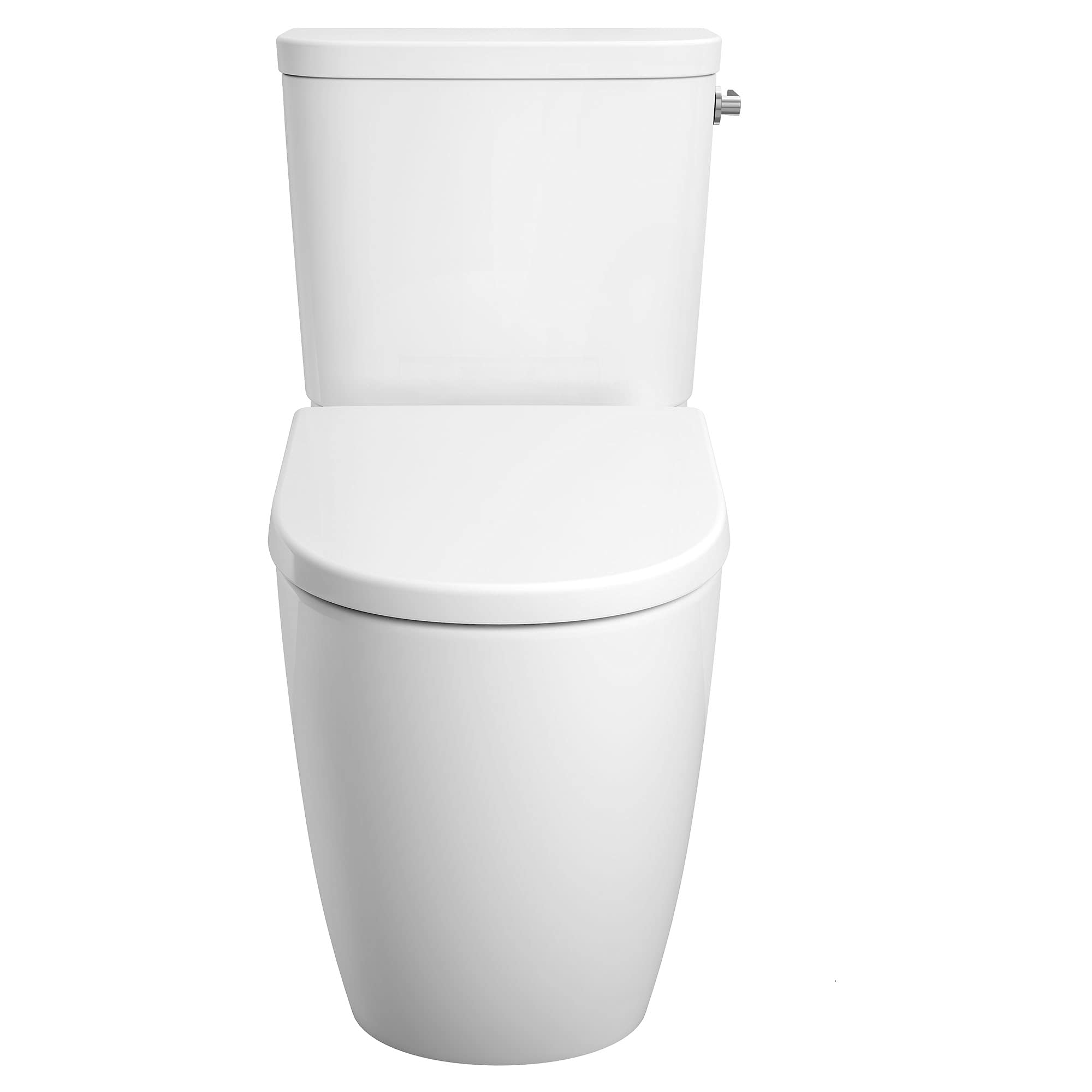 White two-piece elongated toilet with matching seat and right-hand trip lever on tank.
