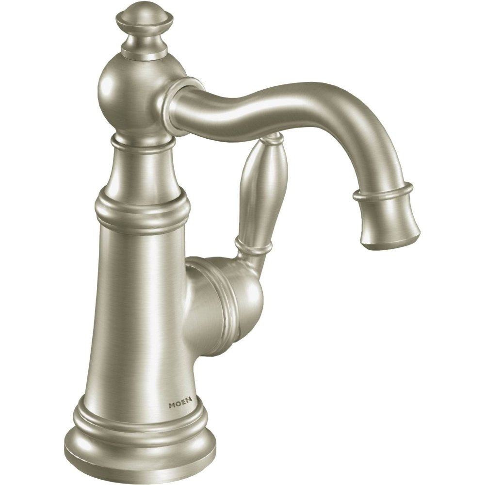 Brushed nickel traditional bathroom sink faucet with single handle and curved spout.