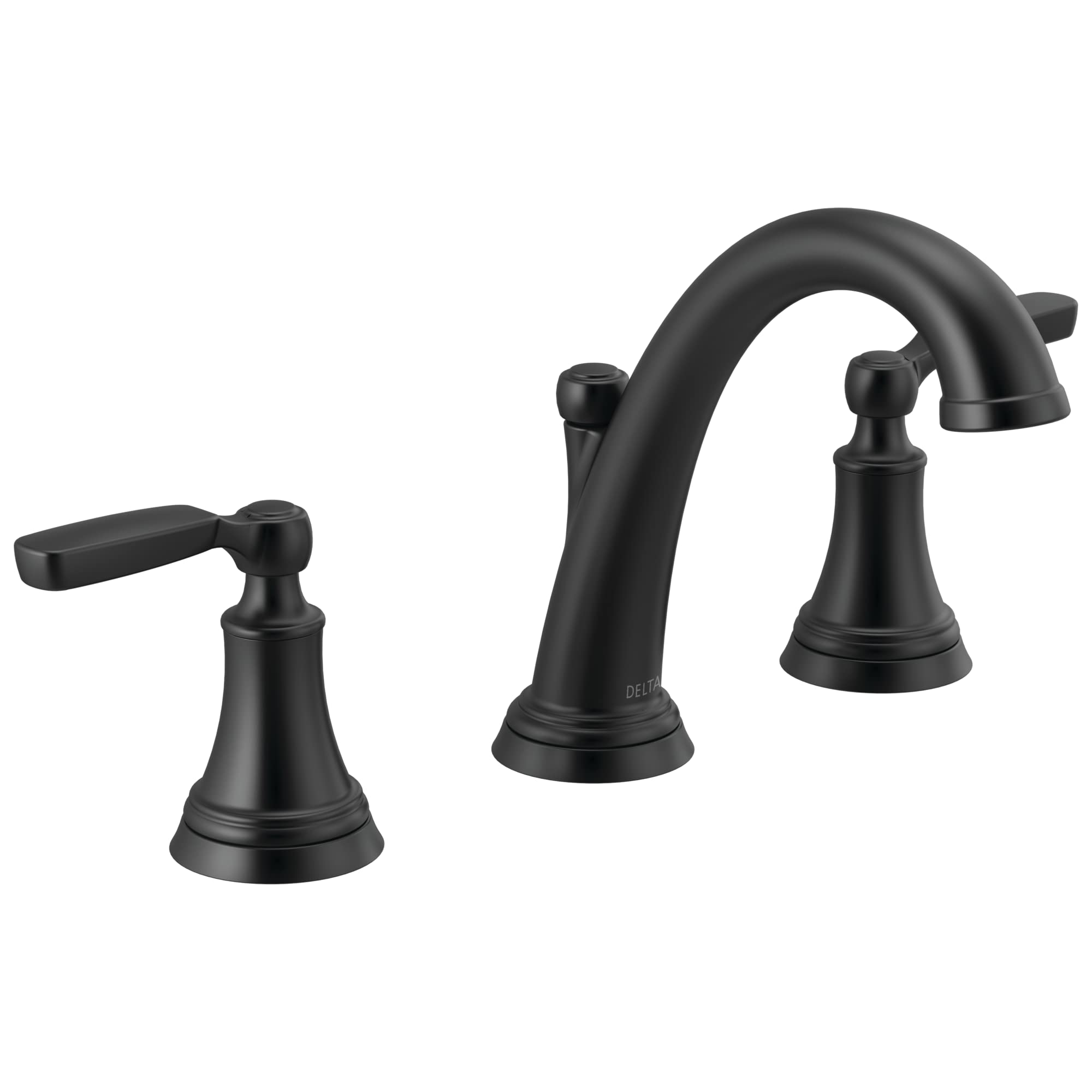 Black two-handle widespread bathroom faucet with curved spout and lever handles.