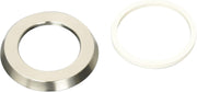 Stainless steel and white plastic circular escutcheon rings for roman tub installation.