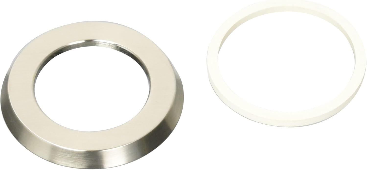 Stainless steel and white plastic circular escutcheon rings for roman tub installation.
