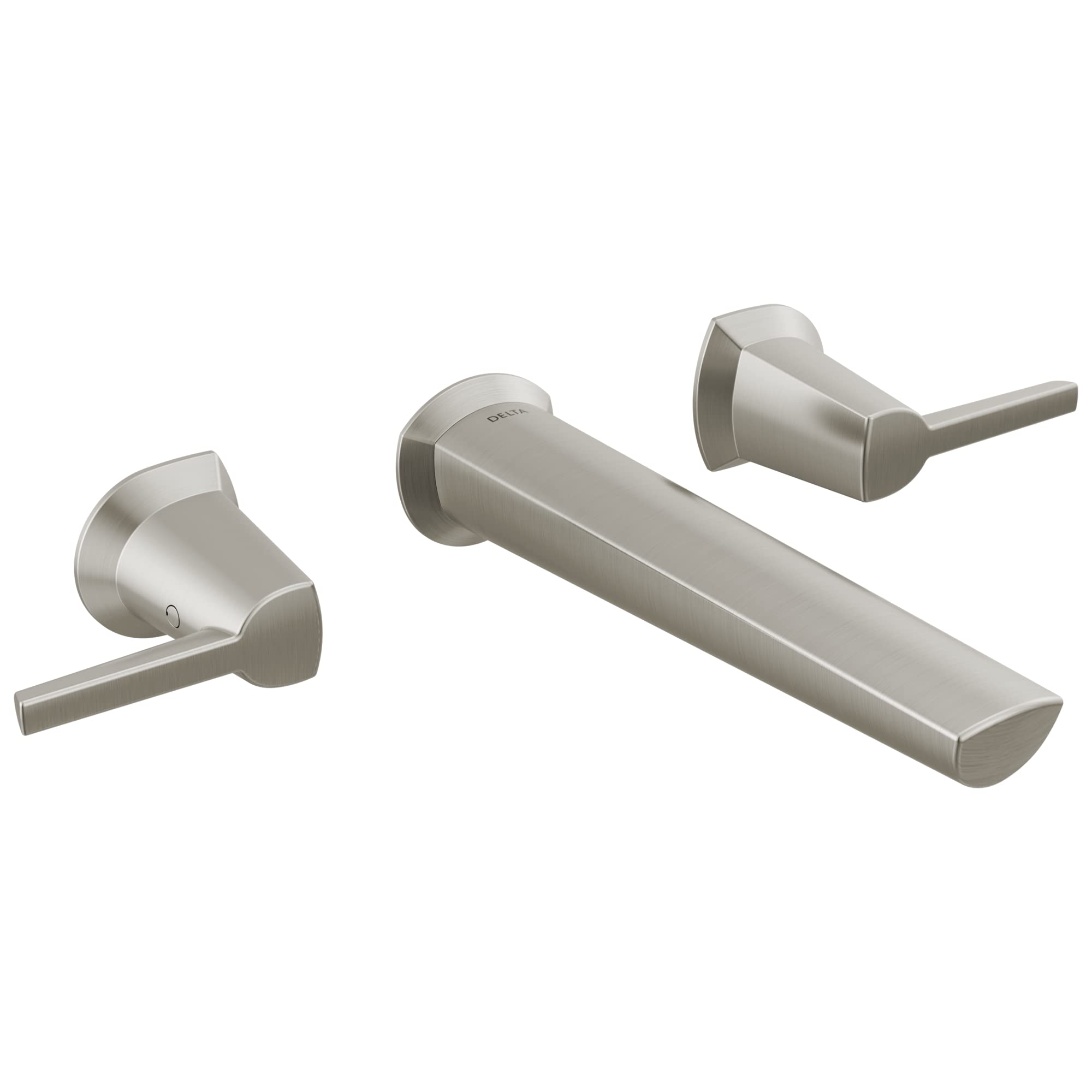 Brushed nickel wall-mount faucet with a long spout and two lever handles.