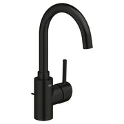 Matte black single-hole bathroom faucet with curved spout and single handle lever.