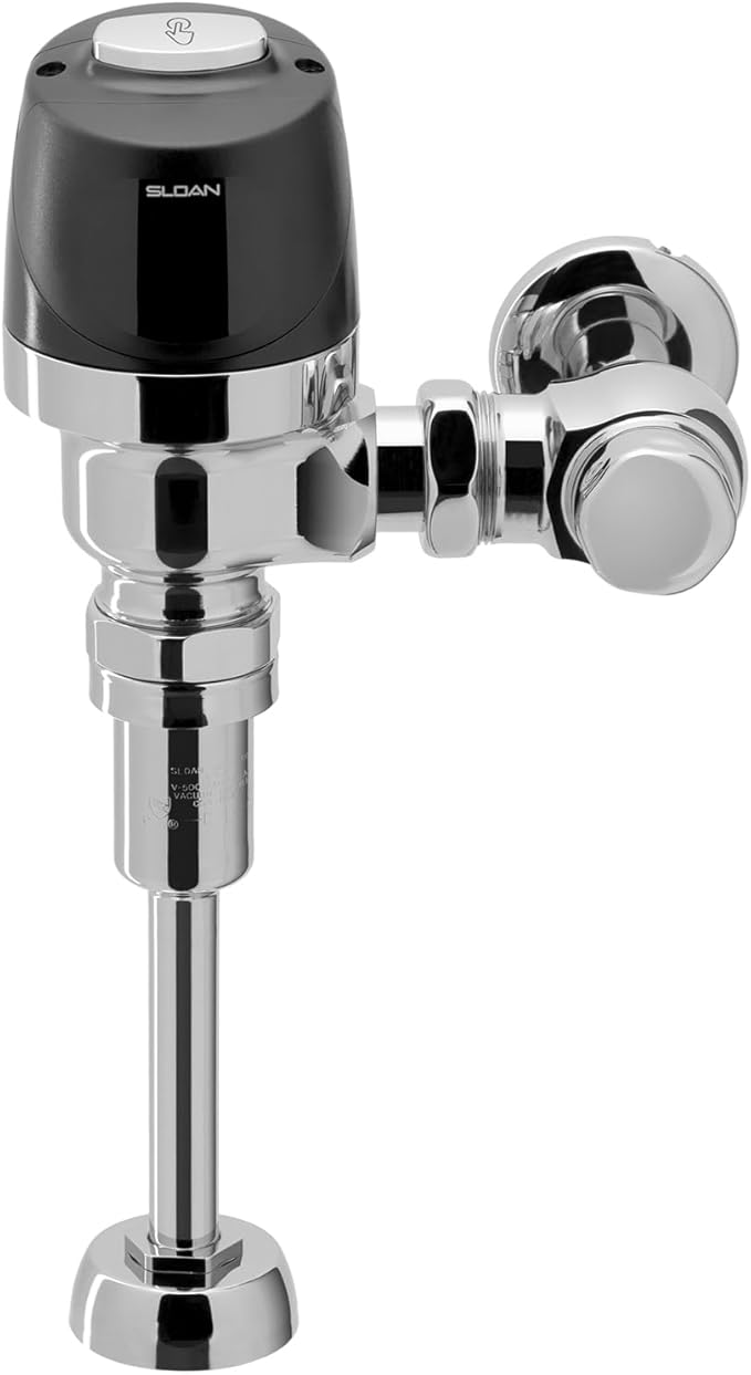 Sloan polished chrome automatic toilet flushometer with black actuator button and mounting base.