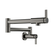 Satin dark steel pot filler faucet with articulating arm and lever handle mounted on wall.