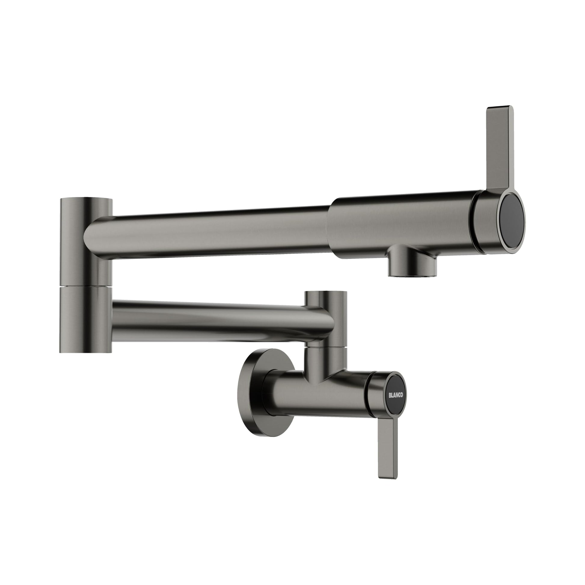 Satin dark steel pot filler faucet with articulating arm and lever handle mounted on wall.