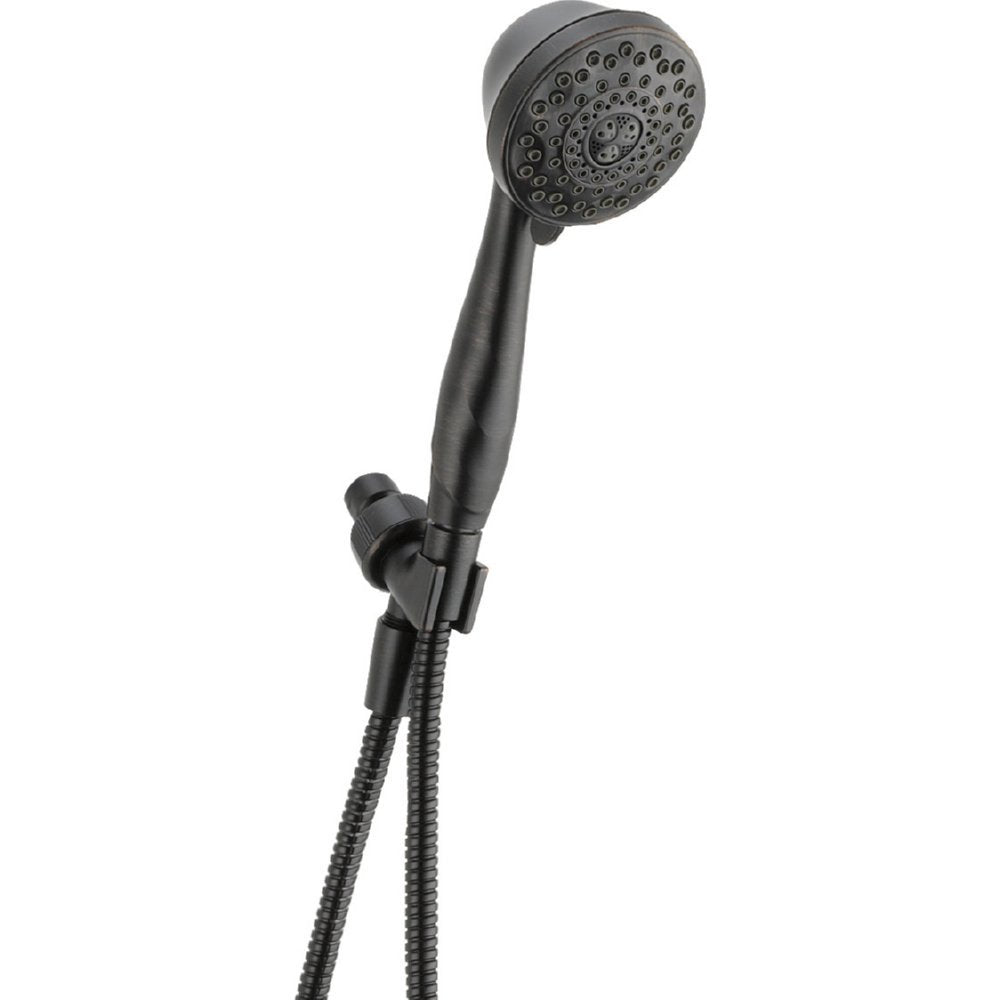 Black hand shower with perforated head, adjustable mount bracket, and flexible hose connection.