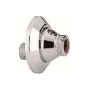 Chrome service stop valve with threaded male connector and round escutcheon plate.