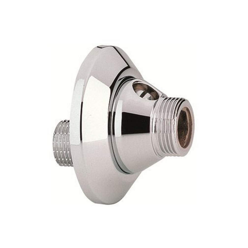 Chrome service stop valve with threaded male connector and round escutcheon plate.