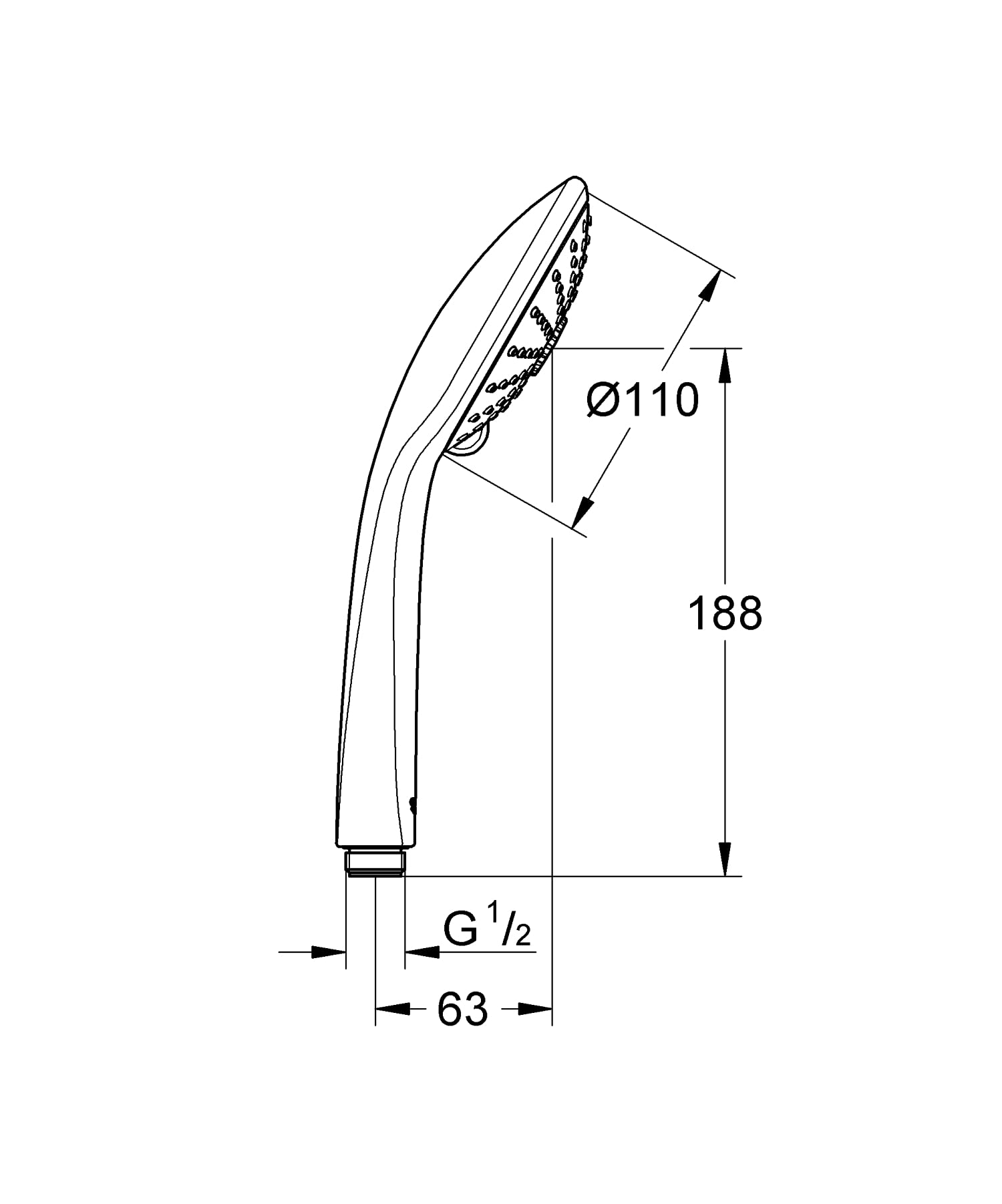 Chrome hand shower with curved handle and spray head showing diameter of 110mm and technical measurements.
