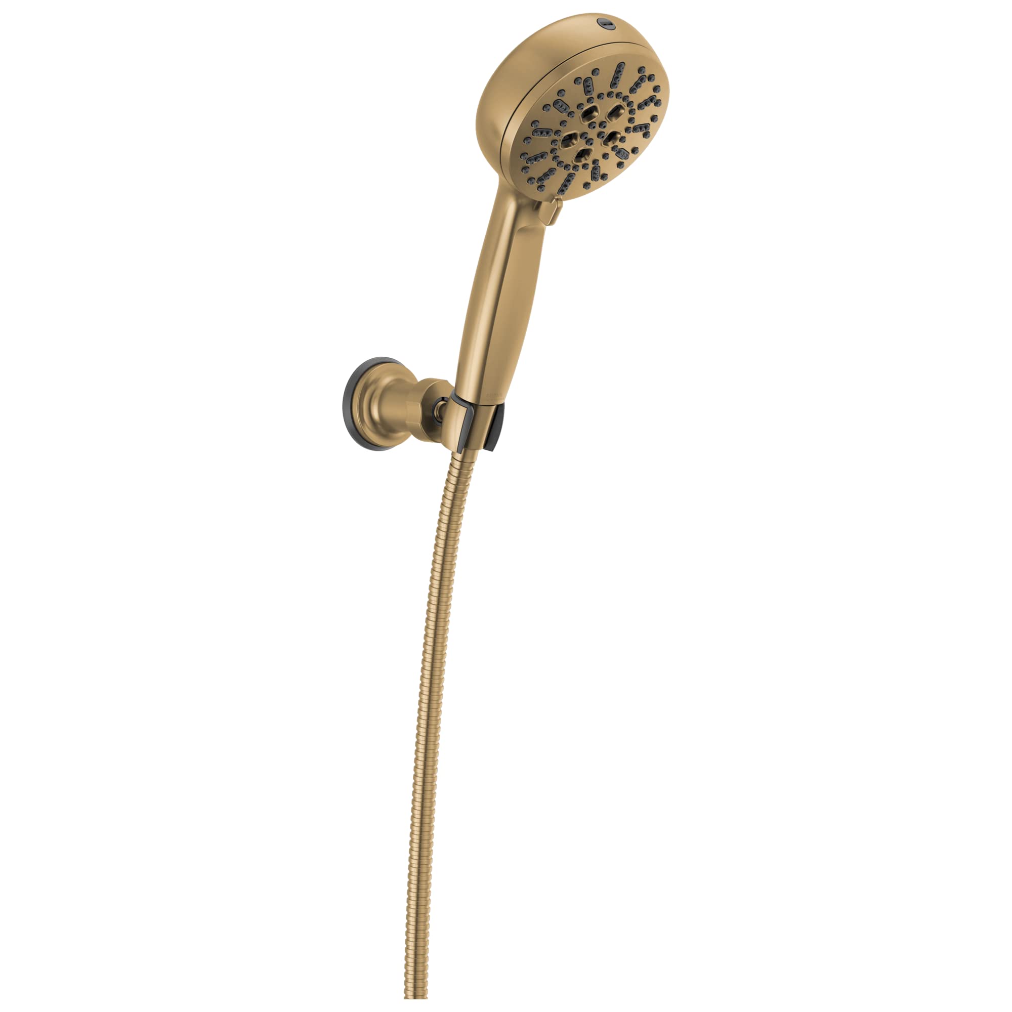 Champagne bronze wall-mounted hand shower with multiple spray jets and flexible hose connector.
