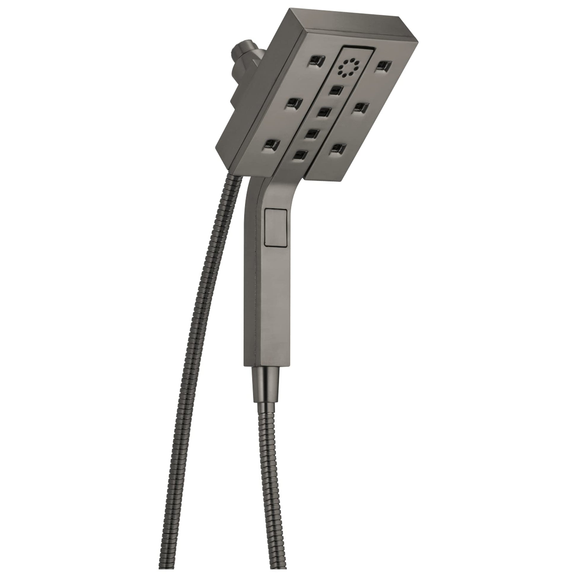 Square brushed nickel shower head with multiple spray nozzles and attached handheld wand connected by flexible hoses.