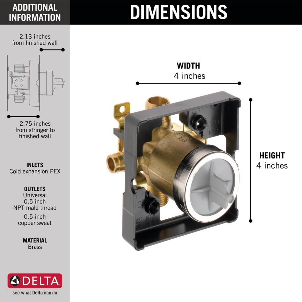 Delta R10000-MF brass pressure balance rough-in valve with black mounting bracket and PEX expansion inlets, 4 by 4 inches.