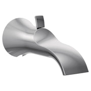 Chrome tub spout with curved body and integrated diverter lever on top.