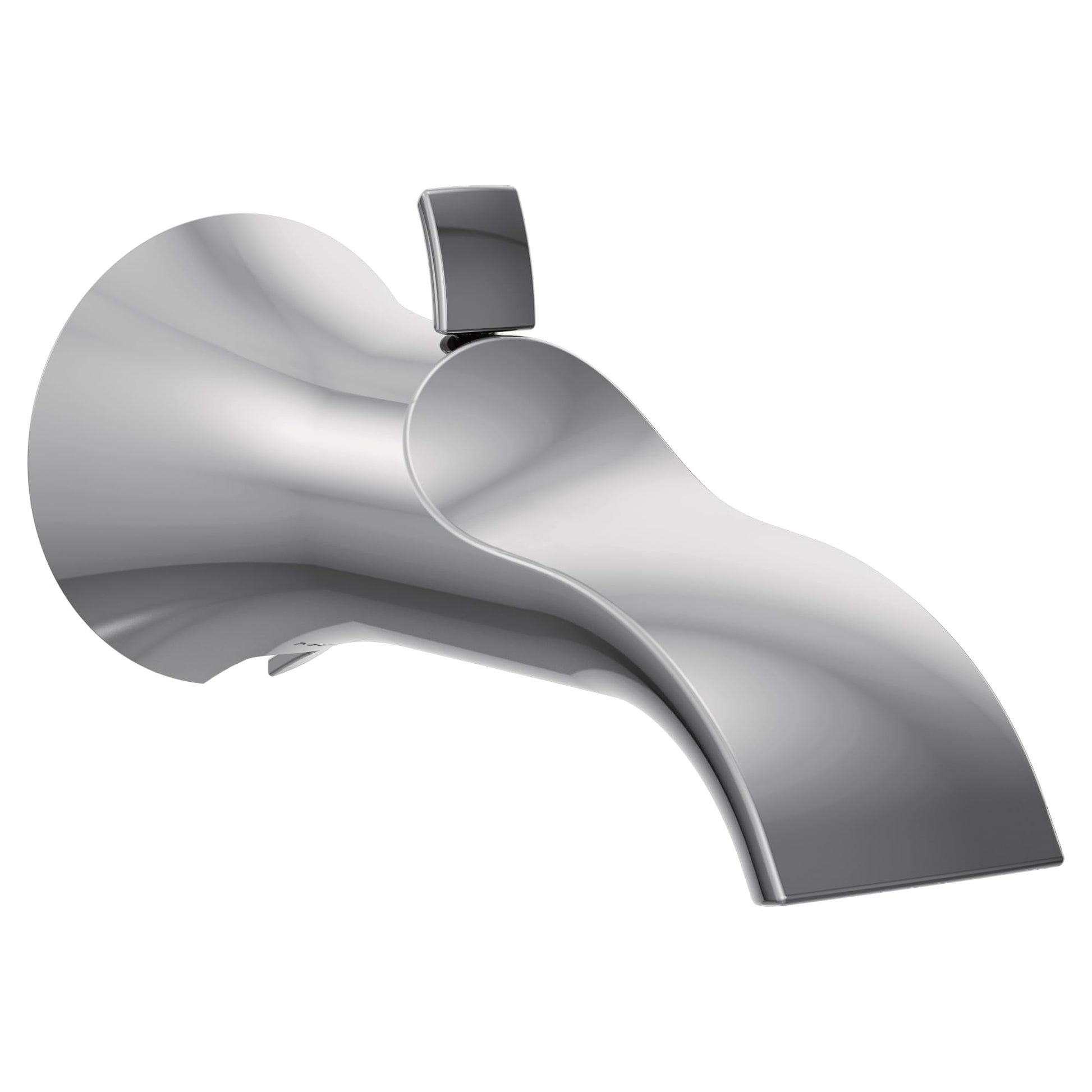 Chrome tub spout with curved body and integrated diverter lever on top.