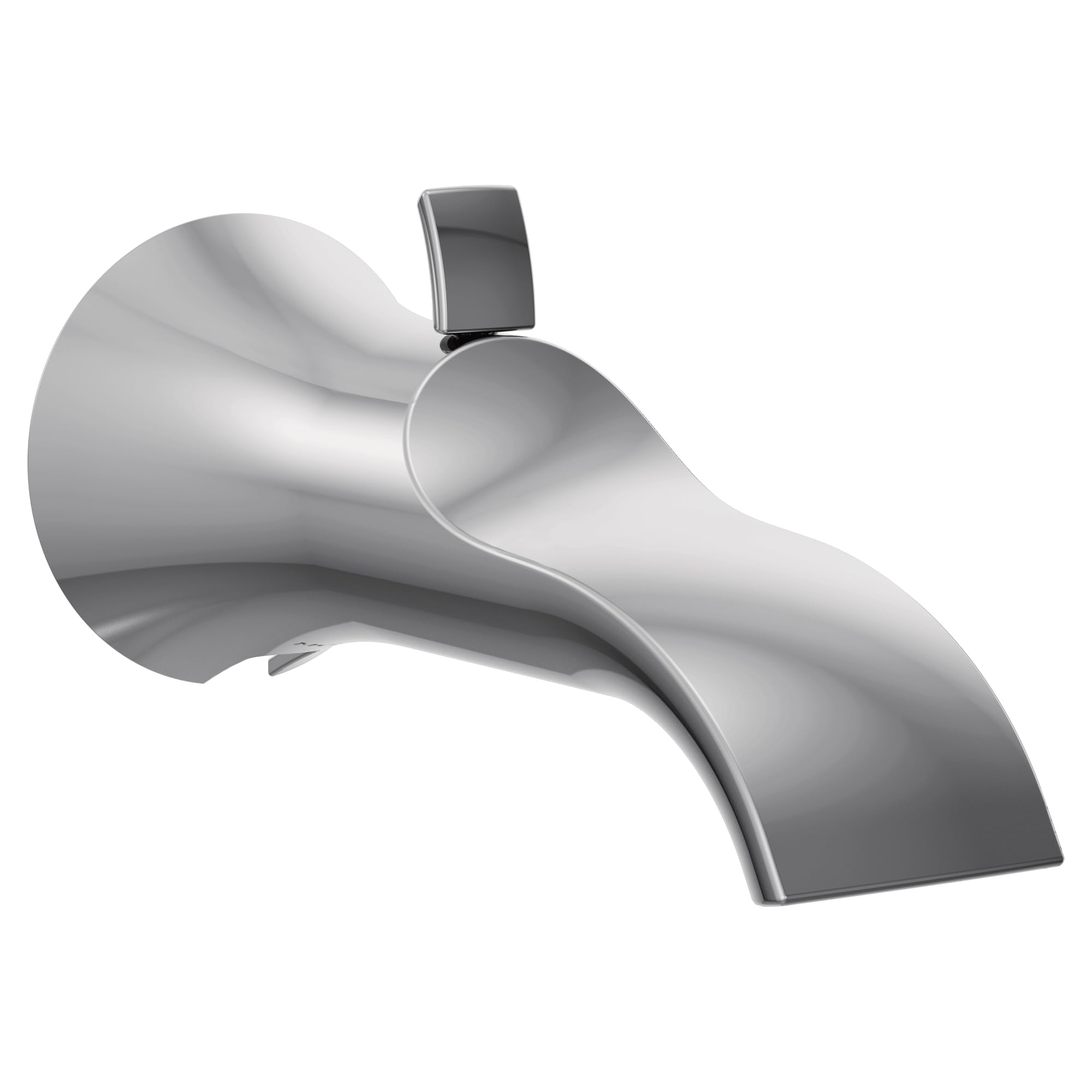 Chrome tub spout with curved body and integrated diverter lever on top.