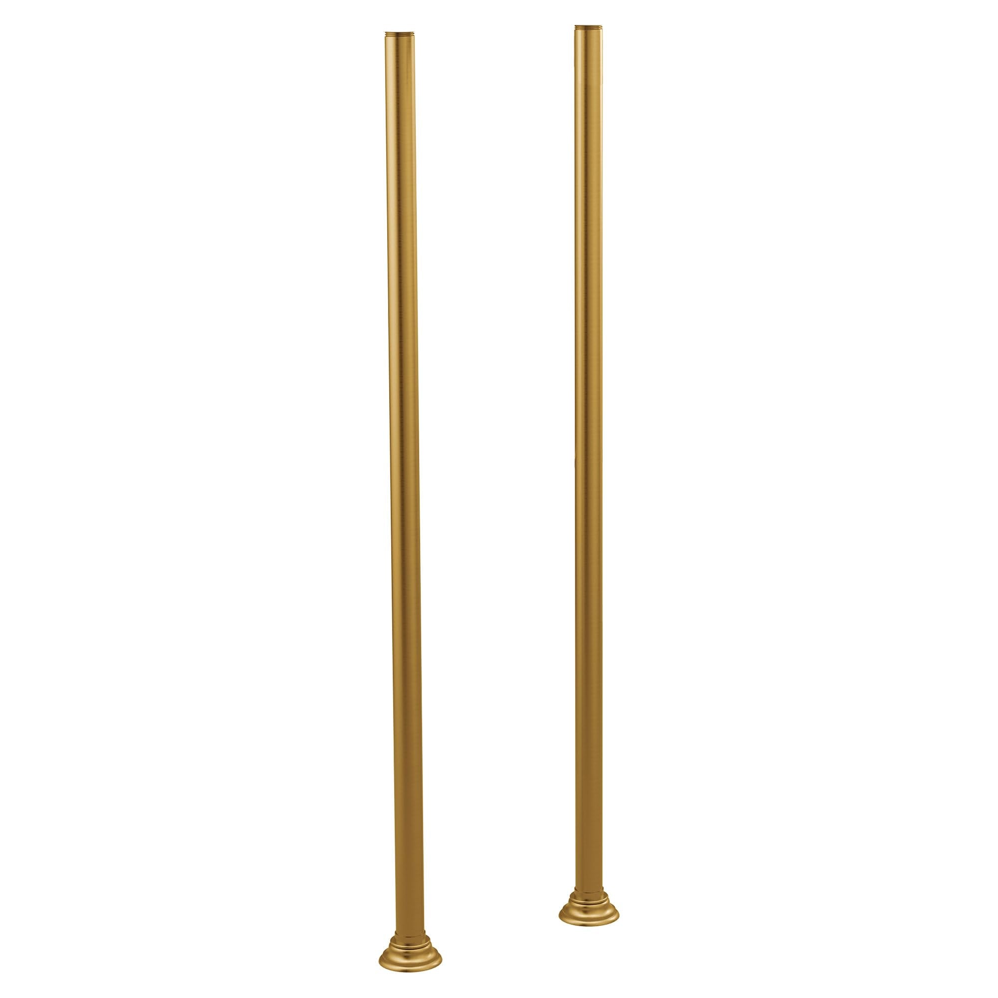 Two tall brushed gold cylindrical risers with decorative round bases for freestanding tub filler.