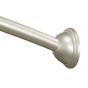 Brushed nickel curved shower curtain rod with decorative flange end cap.