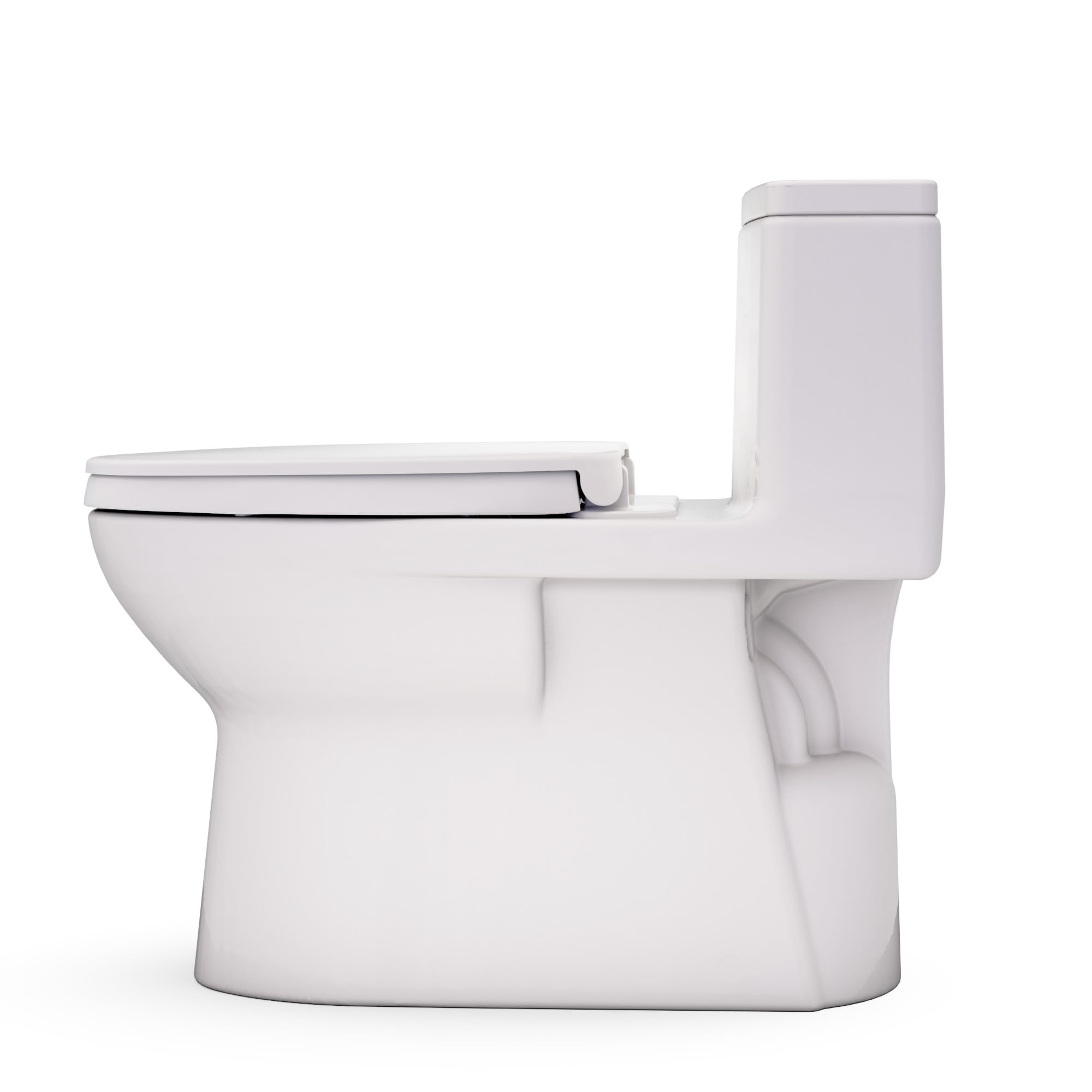 One-piece elongated toilet in beige with integrated tank and soft-close seat, shown from an angle.
