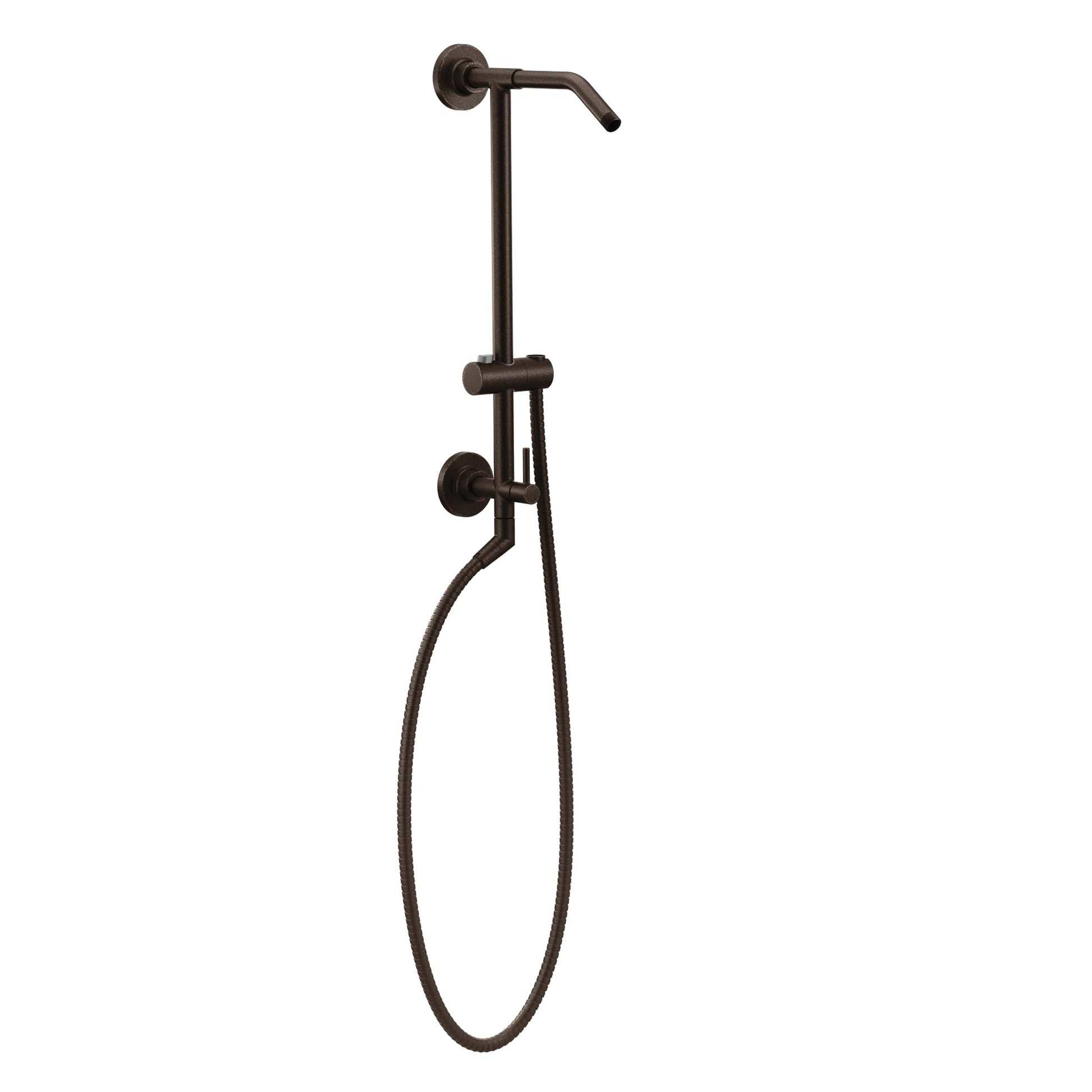Oil rubbed bronze shower slidebar system with handheld showerhead, hose, and adjustable holder.