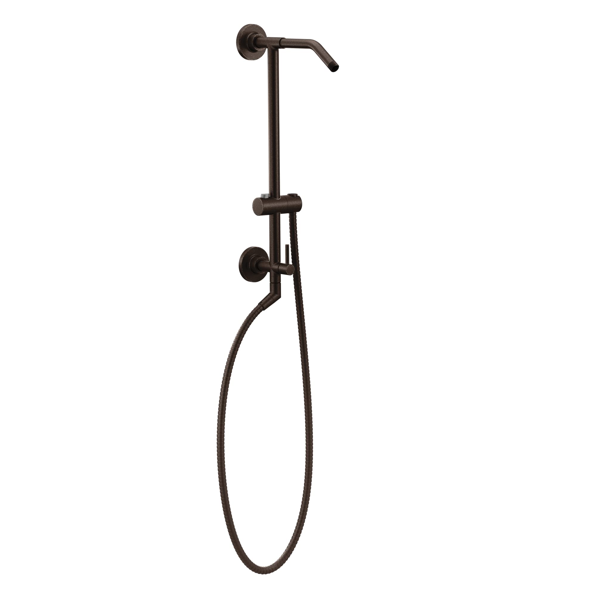 Oil rubbed bronze shower slidebar system with handheld showerhead, hose, and adjustable holder.