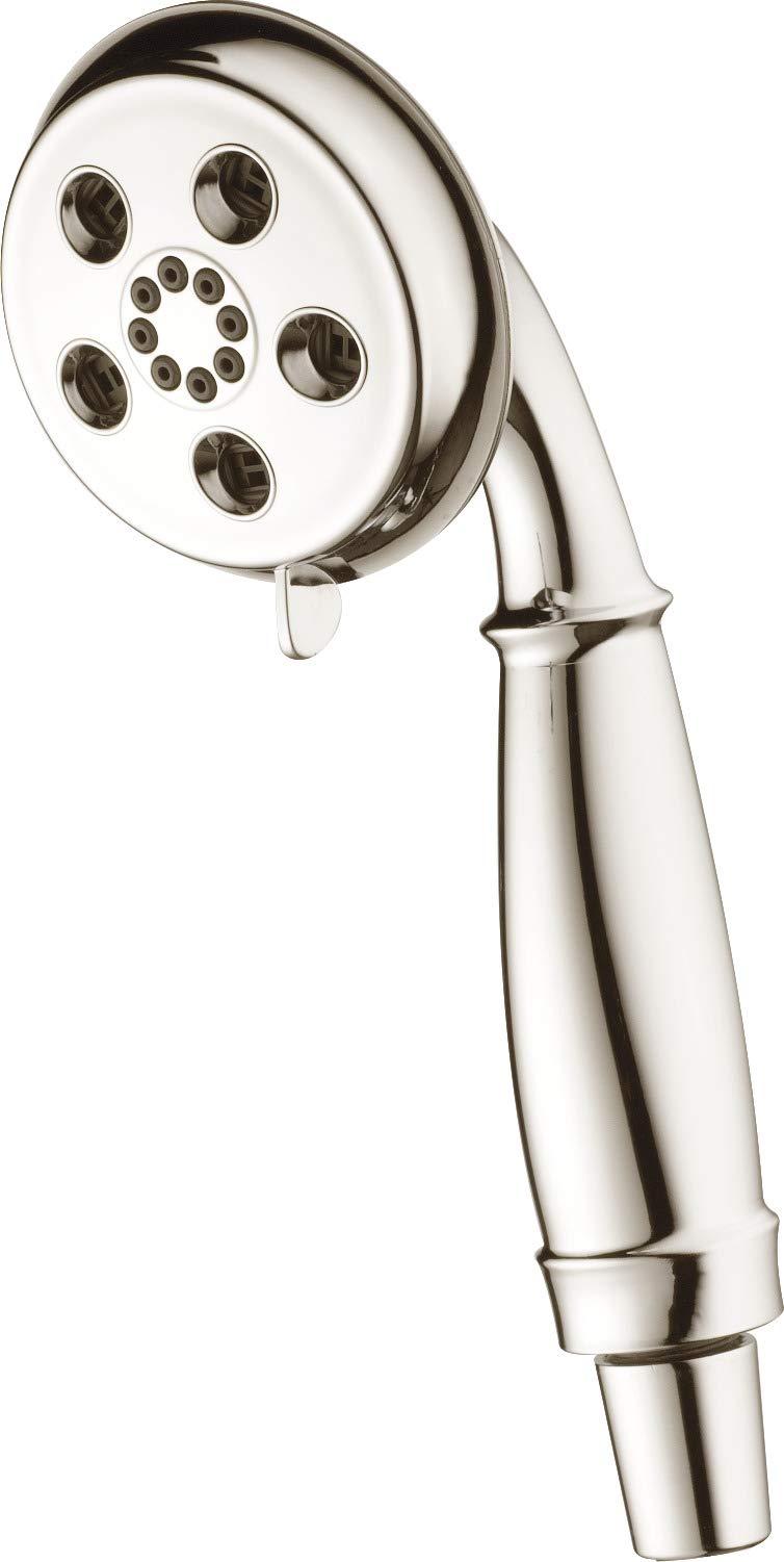 Chrome hand shower head with round face featuring multiple spray jets and elongated handle with grip band.
