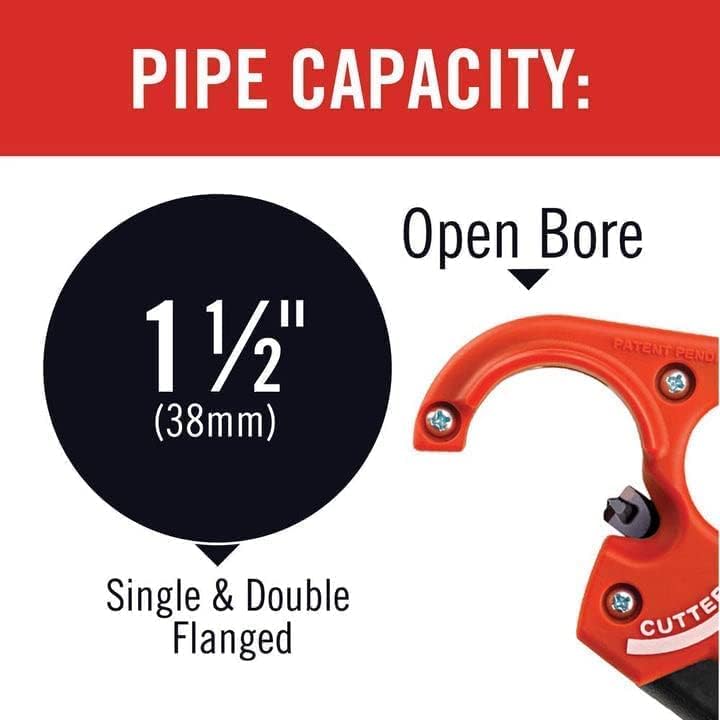 Red tubular pipe cutter with open bore capacity of 1-1/2 inch, designed for single and double flanged pipes.