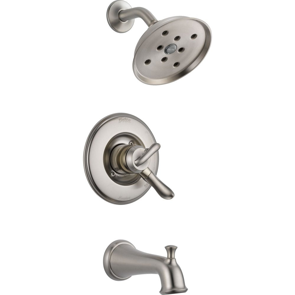 Brushed nickel tub and shower trim with round showerhead, valve trim with lever handle, and tub spout.