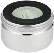Chrome faucet aerator with black rubber ring and perforated white screen insert.