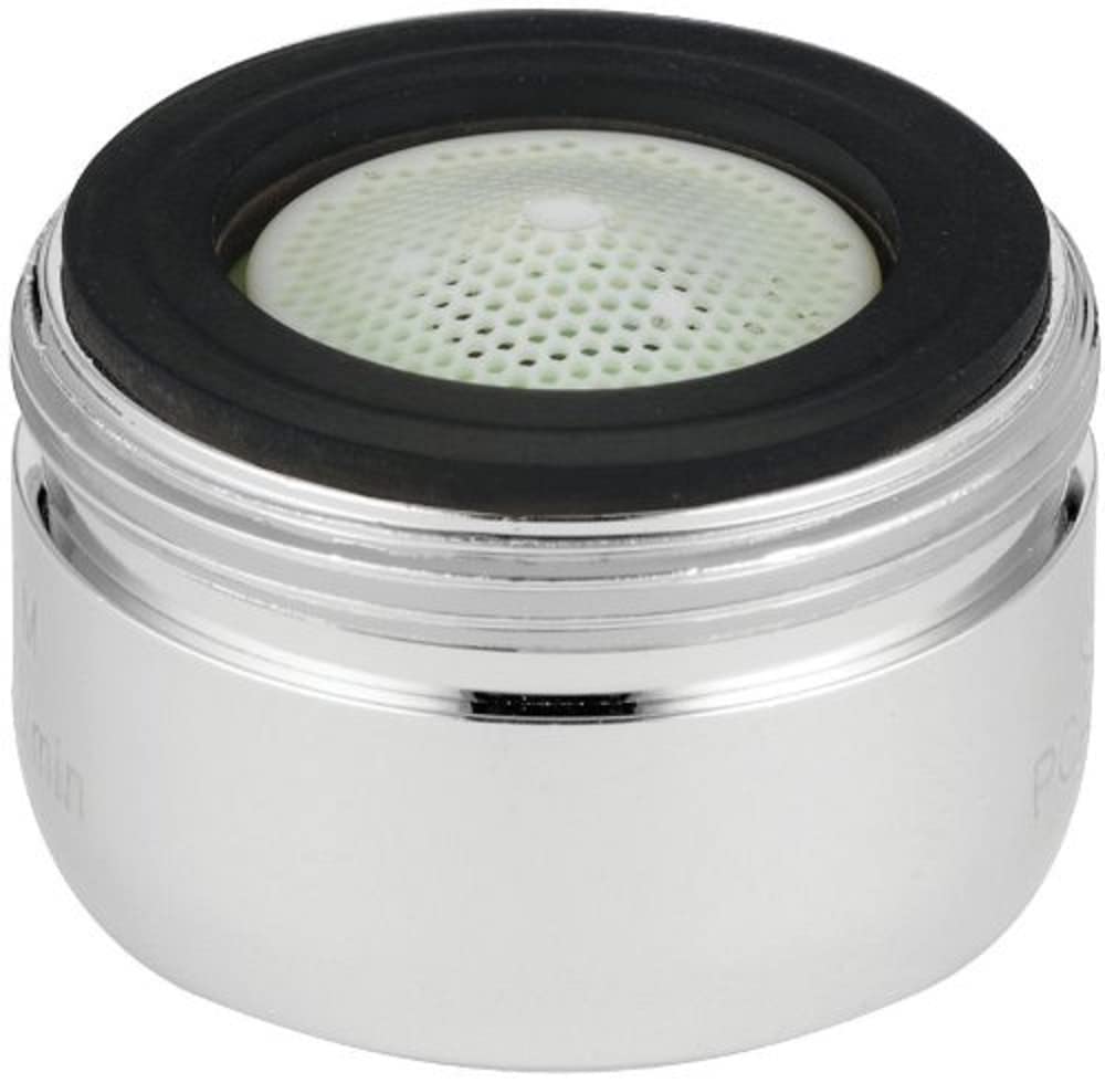 Chrome faucet aerator with black rubber ring and perforated white screen insert.