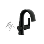 Matte black single-handle bathroom sink faucet with curved spout and motion-sensor activation shown with hand gesture.