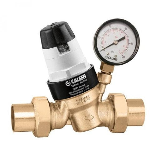 Brass pressure relief valve with black and white cartridge body, attached pressure gauge showing PSI scale, and 1" NPT female