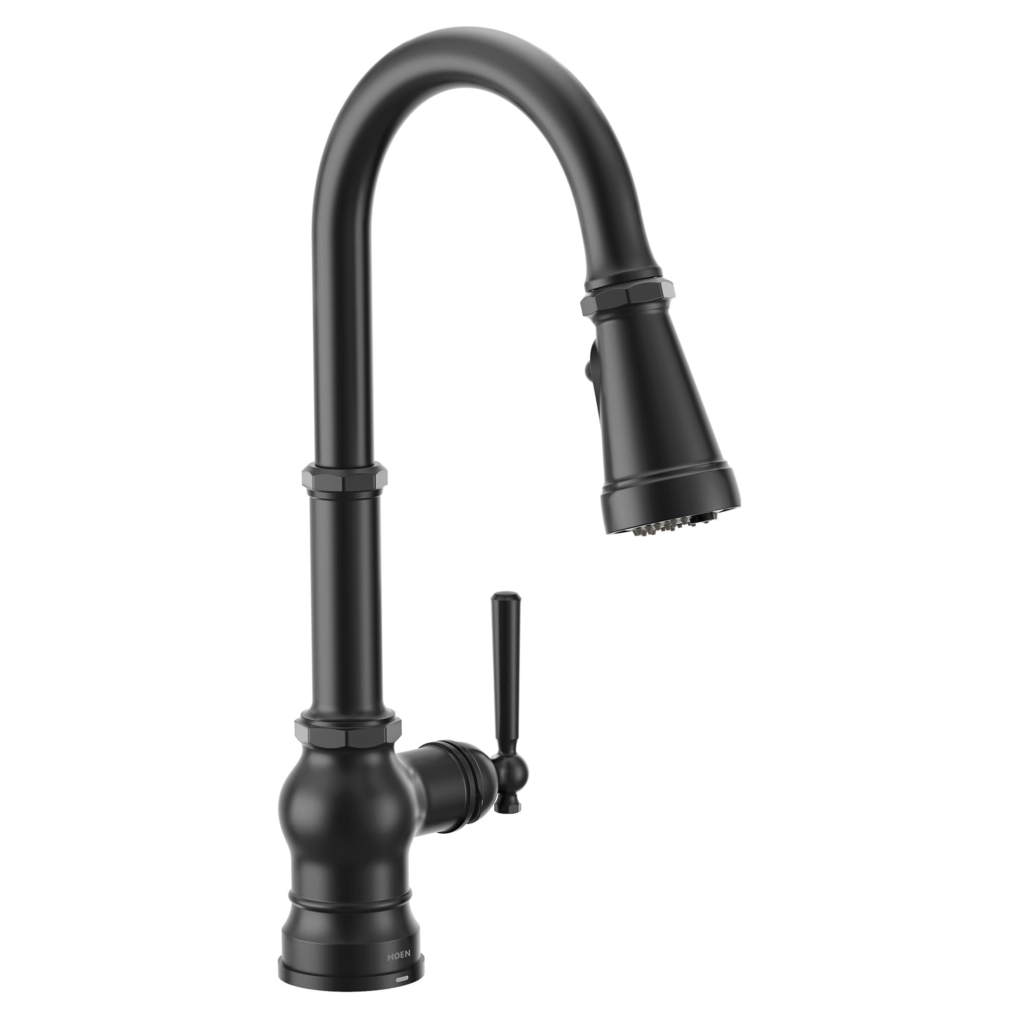 Matte black high arc kitchen faucet with pulldown sprayer head and single lever handle.