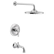 Chrome tub and shower trim kit with single handle valve, round showerhead, and curved spout.