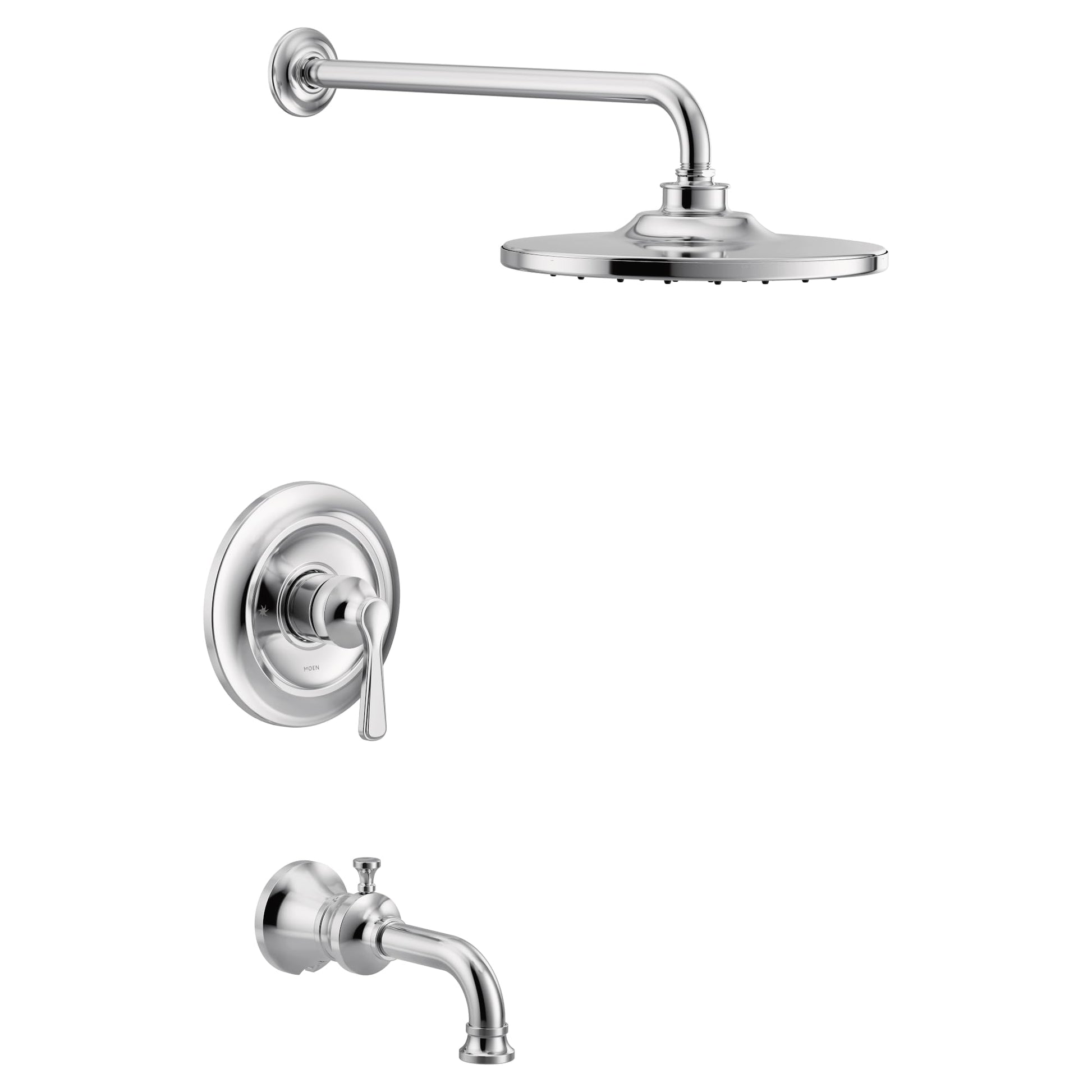 Chrome tub and shower trim kit with single handle valve, round showerhead, and curved spout.