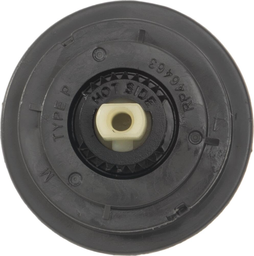 Black plastic cartridge assembly with cream-colored center valve and rotational dial marked "HOT SIDE" and "TYPE P."